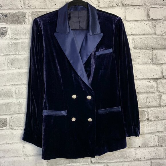 Vintage 90s Tuxedo 2 Pc Suit Set Navy Velvet Blazer Jacket Satin High Rise Pants - Picture 14 of 16